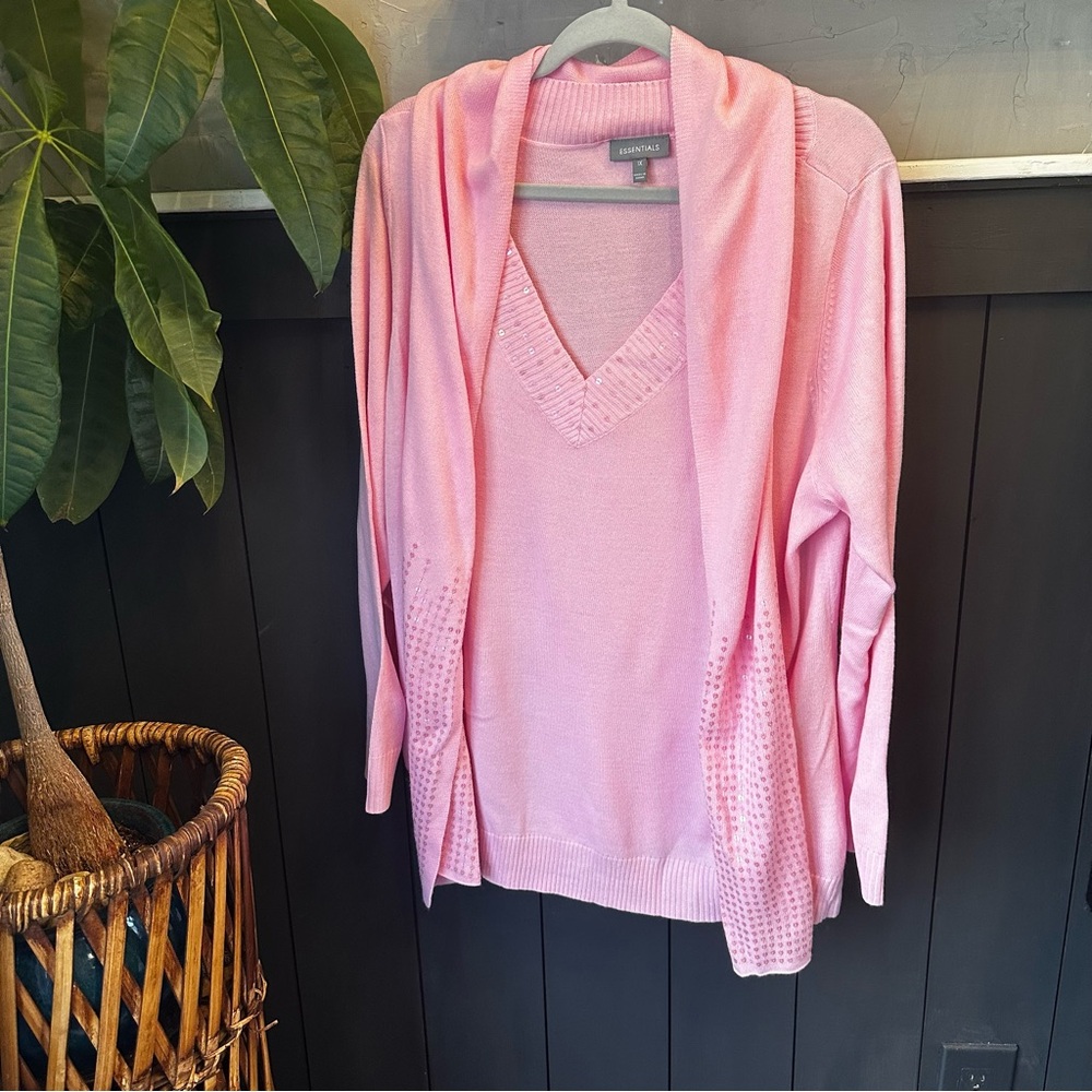 Essentials Baby Pink V Neck Sequin Women's Sweater Detachable Scarf Size 1X